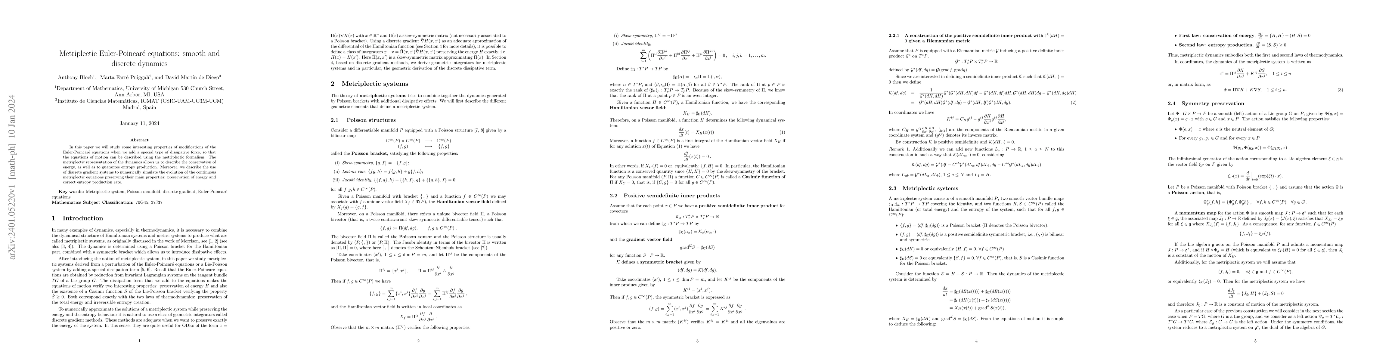 Thumbnail for Metriplectic Euler-Poincar\'e equations: smooth and discrete dynamics