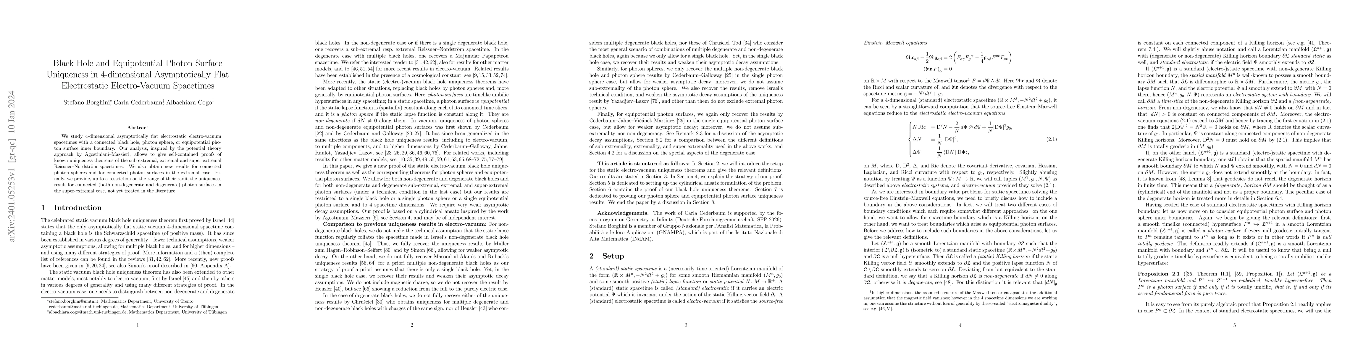 Thumbnail for Black Hole and Equipotential Photon Surface Uniqueness in 4-dimensional
  Asymptotically Flat Electrostatic Electro-Vacuum Spacetimes