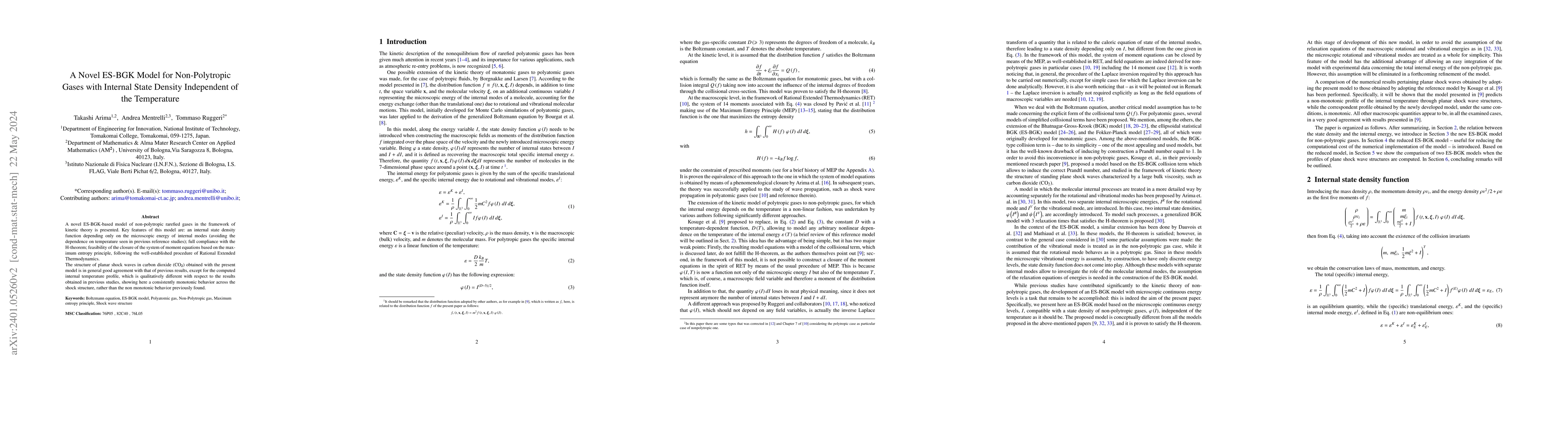 Thumbnail for A Novel ES-BGK Model for Non-Polytropic Gases with Internal State
  Density Independent of the Temperature
