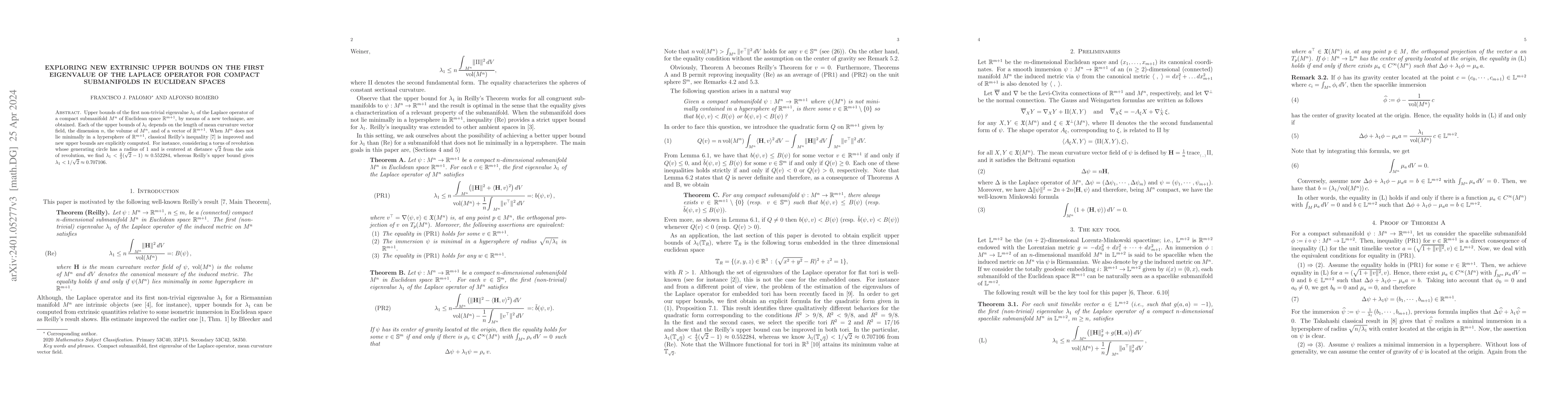 Thumbnail for Exploring new extrinsic upper bounds on the first eigenvalue of the
  Laplace operator for compact submanifolds in Euclidean spaces