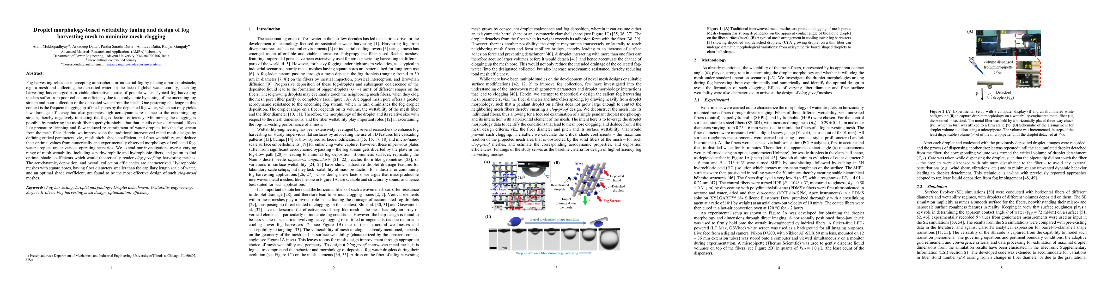 Thumbnail for Droplet morphology-based wettability tuning and design of fog harvesting
  mesh to minimize mesh-clogging