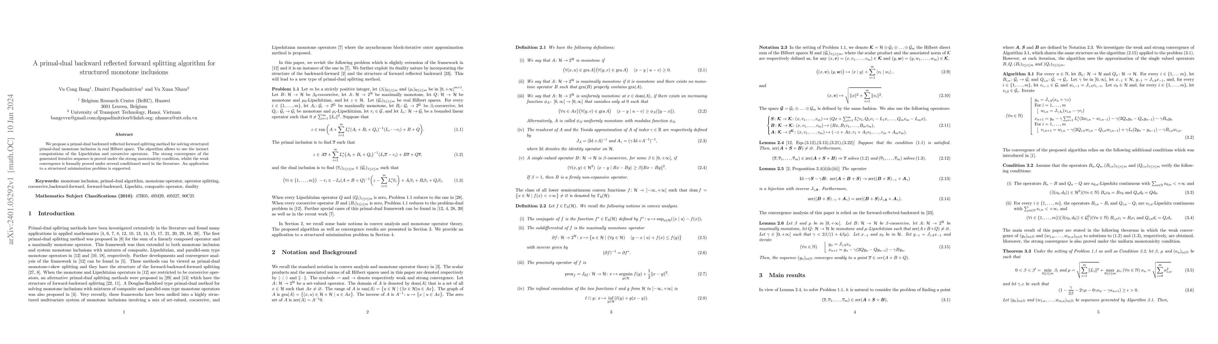 Thumbnail for A primal-dual backward reflected forward splitting algorithm for
  structured monotone inclusions