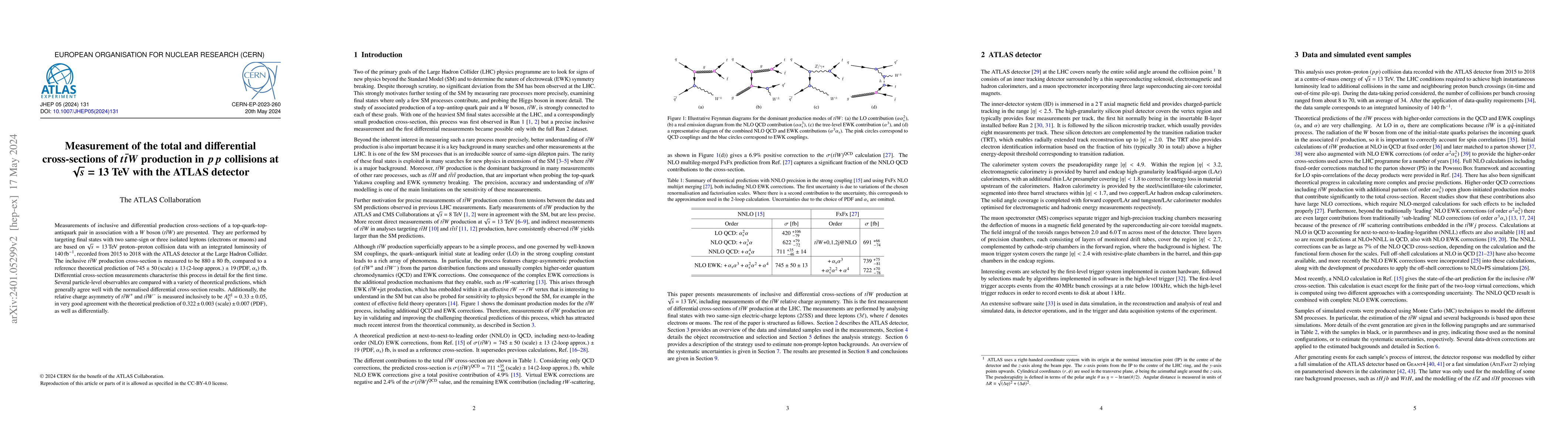 Thumbnail for Measurement of the total and differential cross-sections of $t\bar{t}W$
  production in $pp$ collisions at $\sqrt{s}=13$ TeV with the ATLAS detector