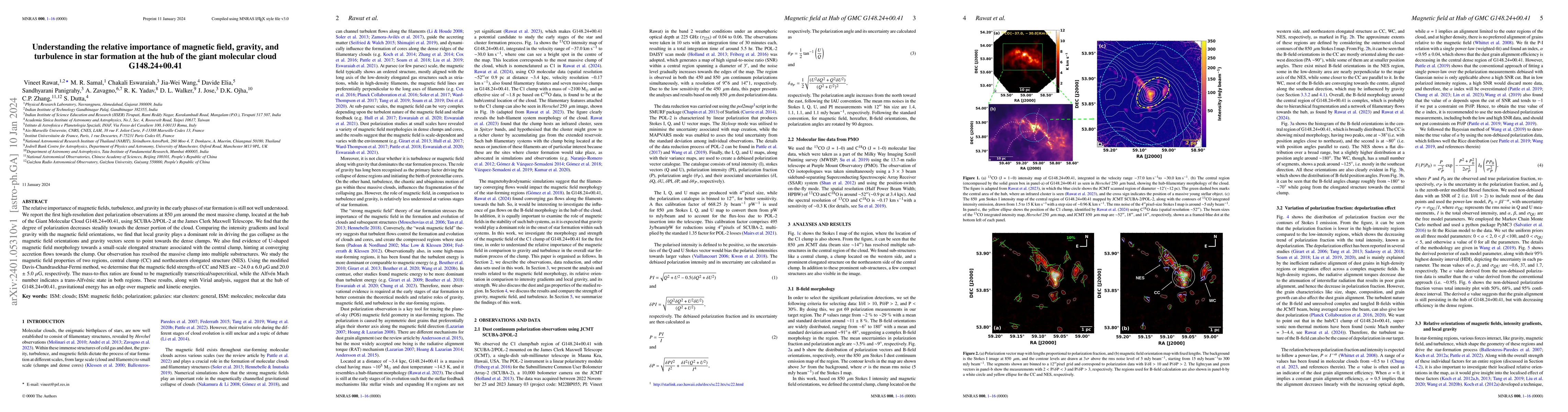 Thumbnail for Understanding the relative importance of magnetic field, gravity, and
  turbulence in star formation at the hub of the giant molecular cloud
  G148.24+00.41