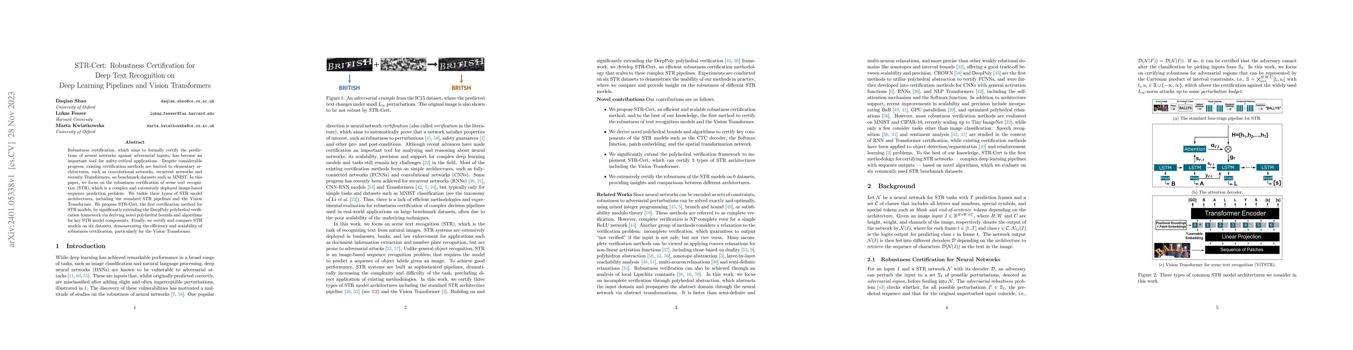 Thumbnail for STR-Cert: Robustness Certification for Deep Text Recognition on Deep
  Learning Pipelines and Vision Transformers