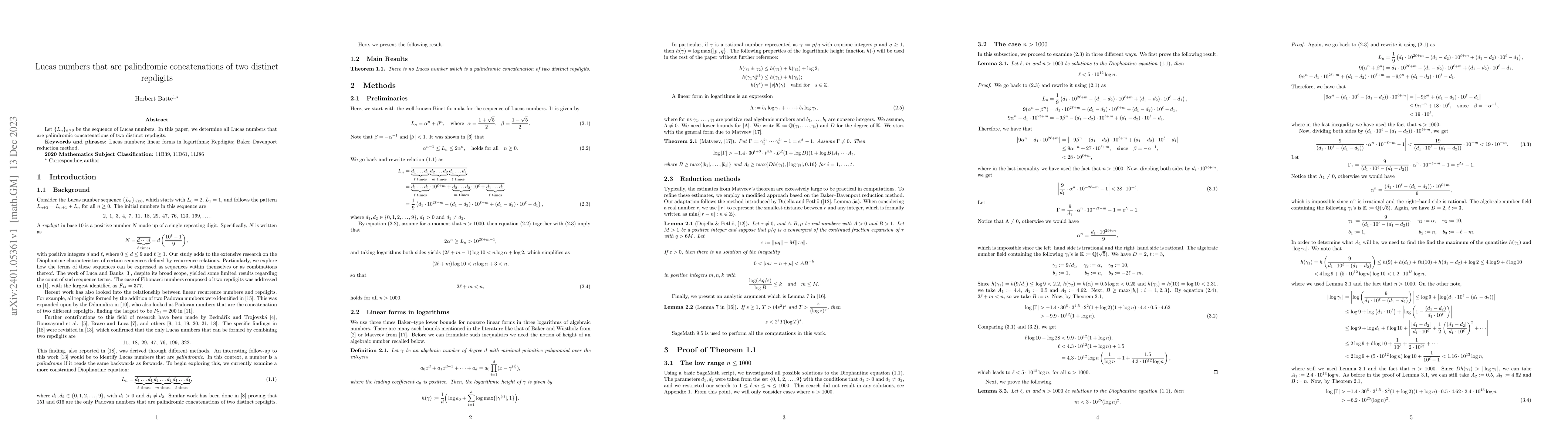 Thumbnail for Lucas numbers that are palindromic concatenations of two distinct
  repdigits