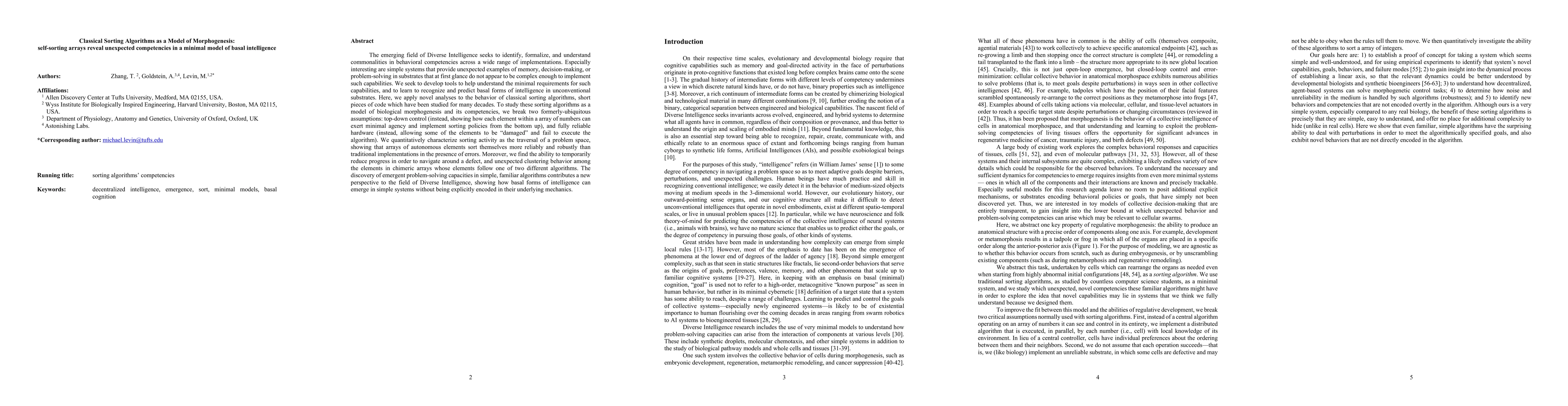 Thumbnail for Classical Sorting Algorithms as a Model of Morphogenesis: self-sorting
  arrays reveal unexpected competencies in a minimal model of basal
  intelligence