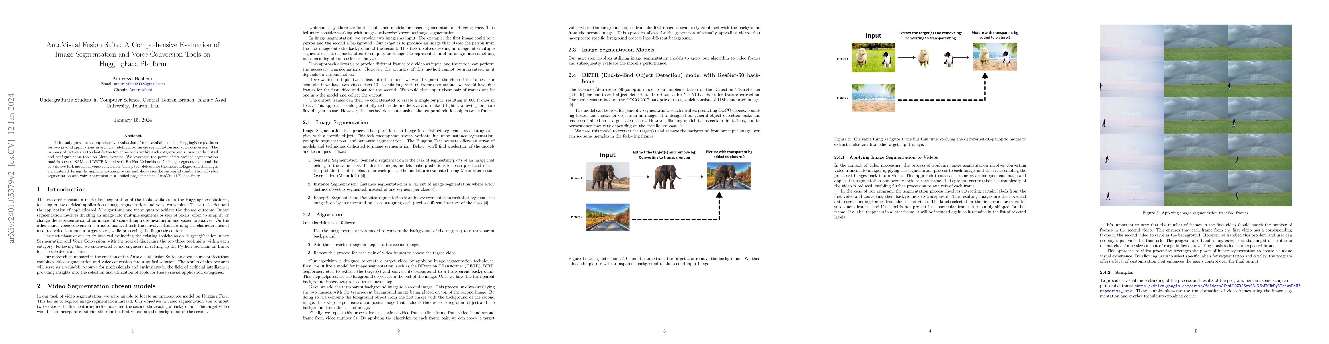 Thumbnail for AutoVisual Fusion Suite: A Comprehensive Evaluation of Image
  Segmentation and Voice Conversion Tools on HuggingFace Platform