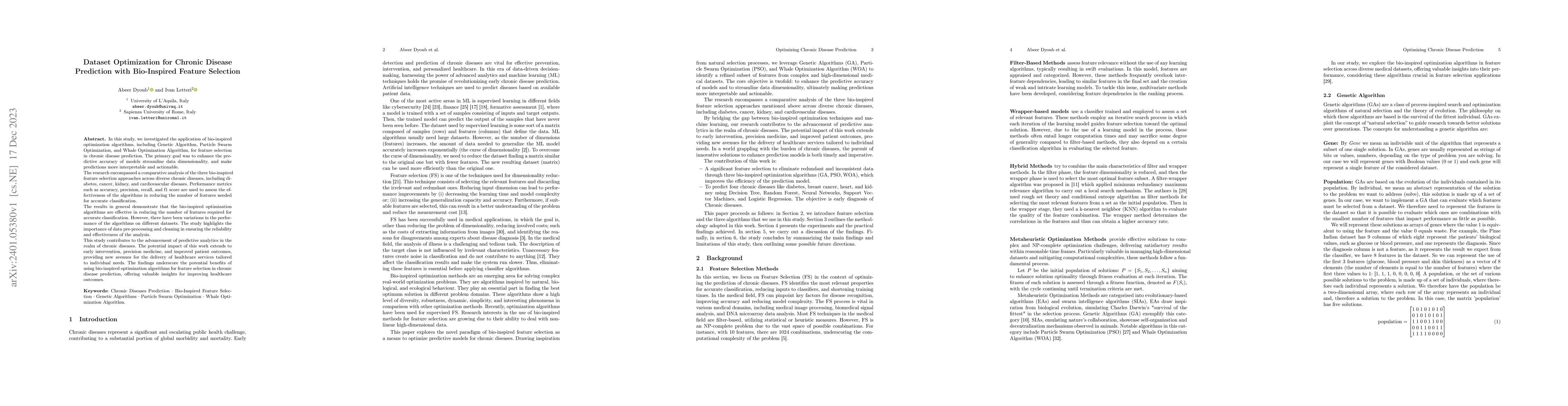 Thumbnail for Dataset Optimization for Chronic Disease Prediction with Bio-Inspired
  Feature Selection