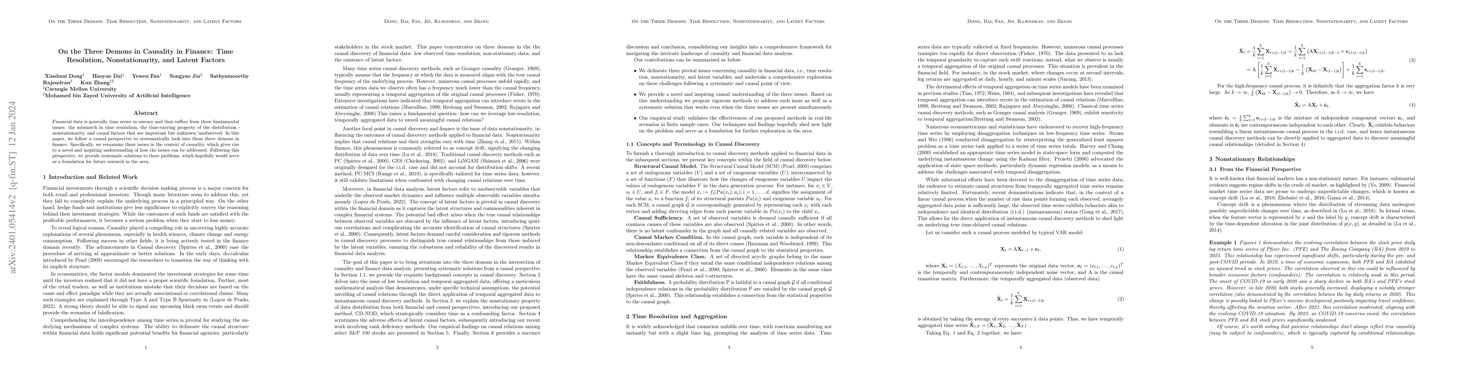 Thumbnail for On the Three Demons in Causality in Finance: Time Resolution,
  Nonstationarity, and Latent Factors