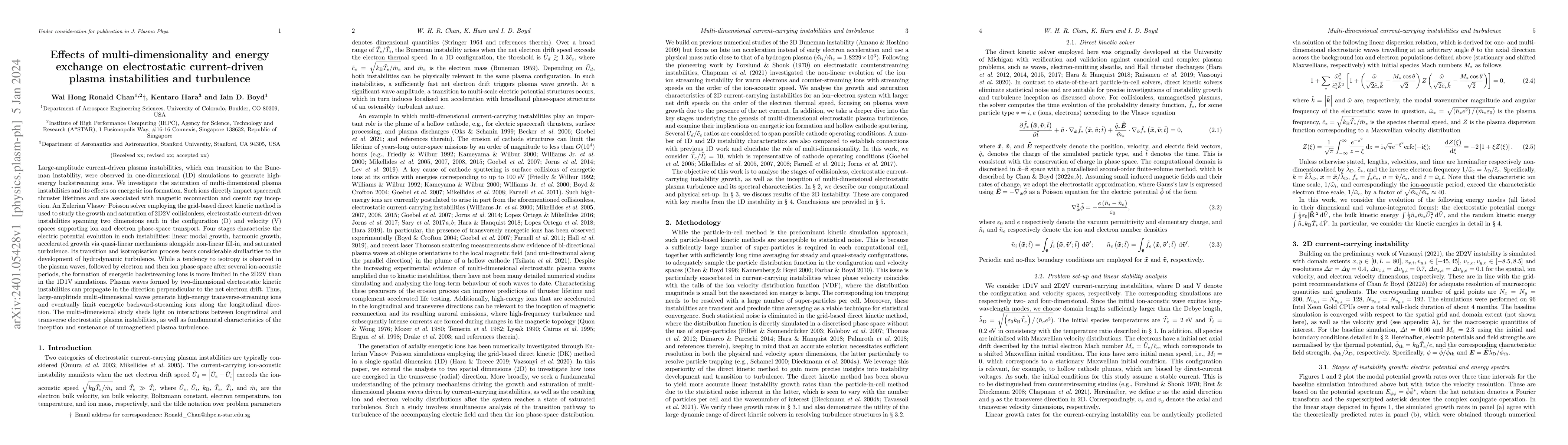 Thumbnail for Effects of multi-dimensionality and energy exchange on electrostatic
  current-driven plasma instabilities and turbulence