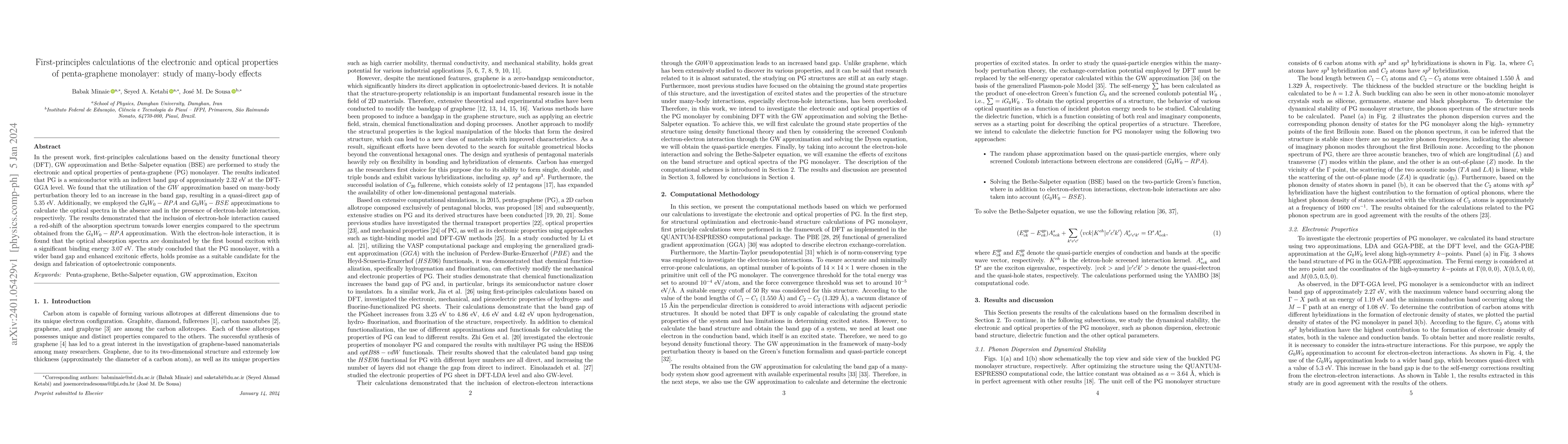 Thumbnail for First-principles calculations of the electronic and optical properties
  of penta-graphene monolayer: study of many-body effects