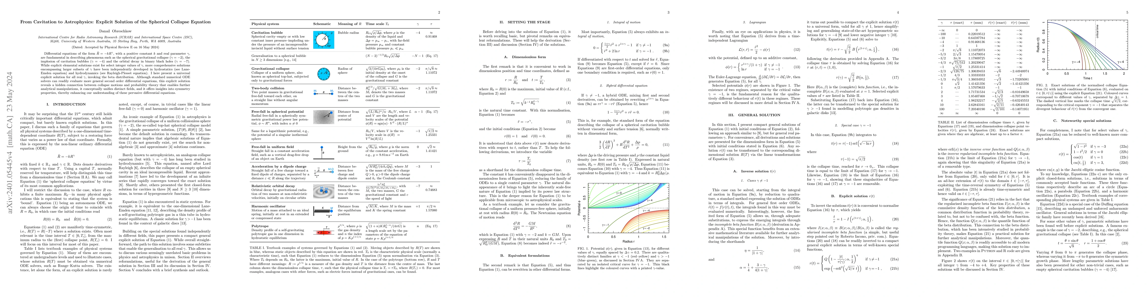 Thumbnail for From Cavitation to Astrophysics: Explicit Solution of the Spherical
  Collapse Equation
