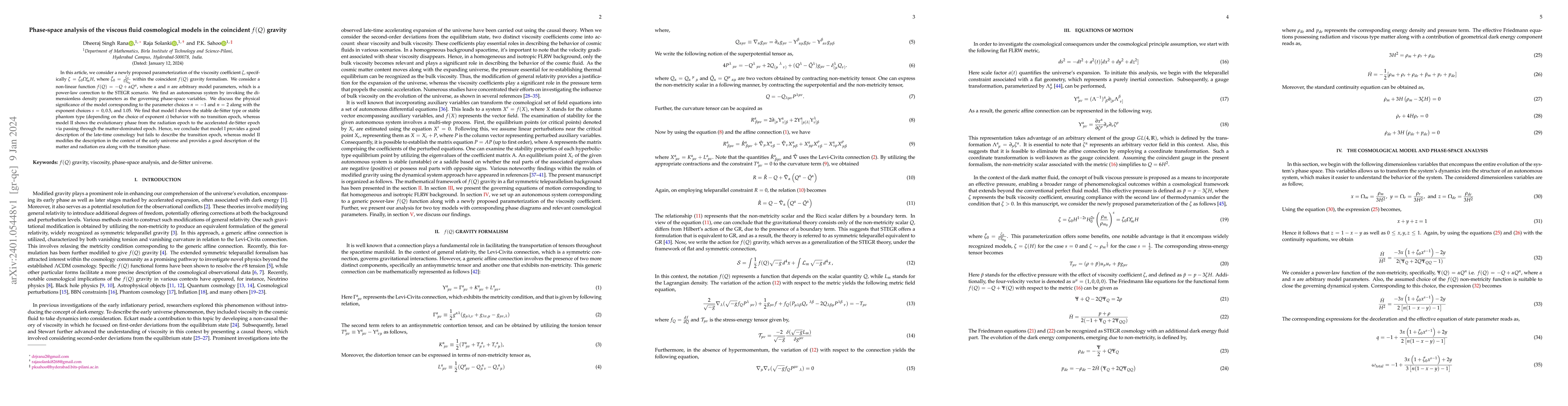 Thumbnail for Phase-space analysis of the viscous fluid cosmological models in the
  coincident $f(Q)$ gravity