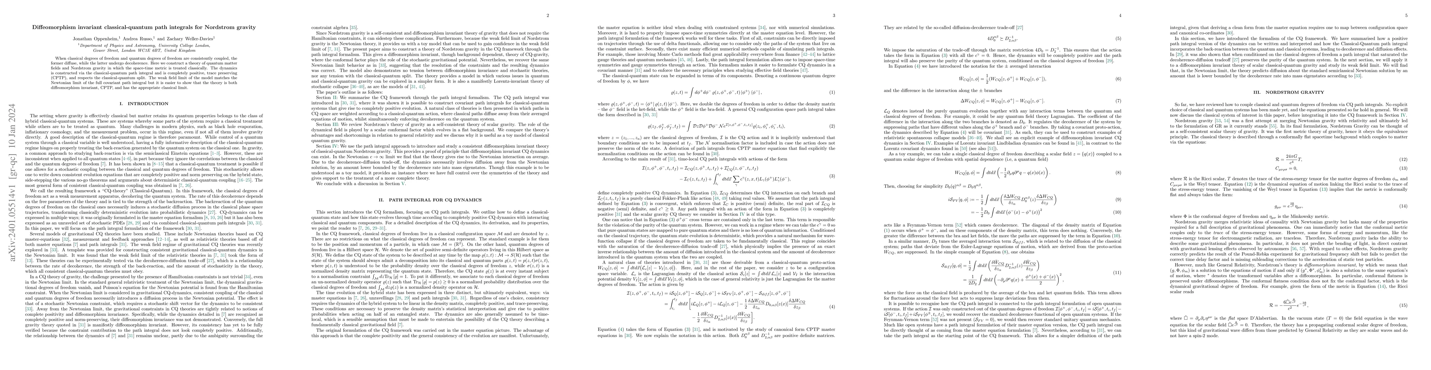 Thumbnail for Diffeomorphism invariant classical-quantum path integrals for Nordstrom
  gravity