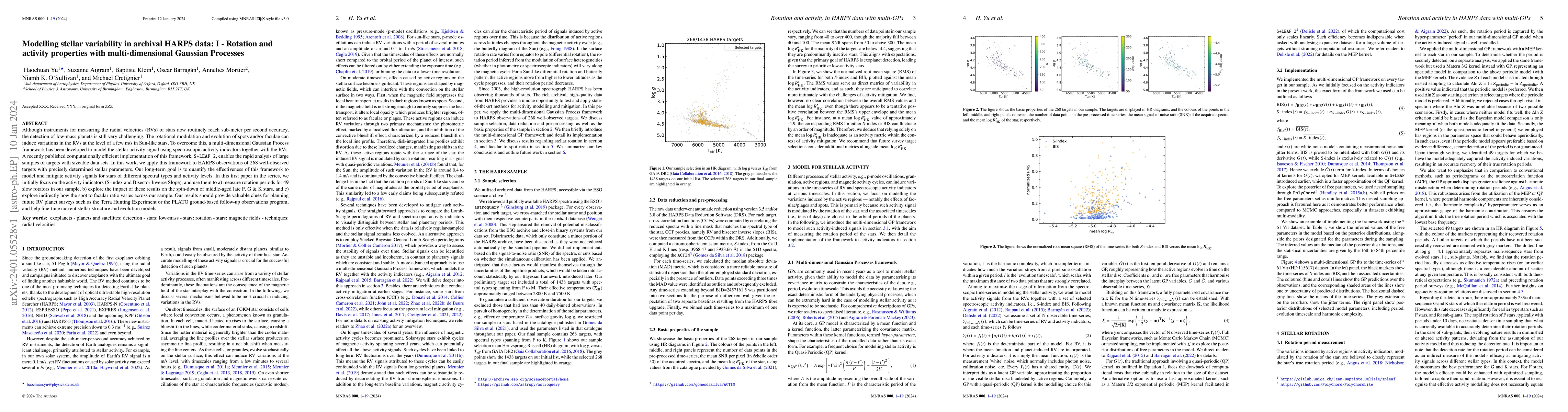 Thumbnail for Modelling stellar variability in archival HARPS data: I -- Rotation and
  activity properties with multi-dimensional Gaussian Processes
