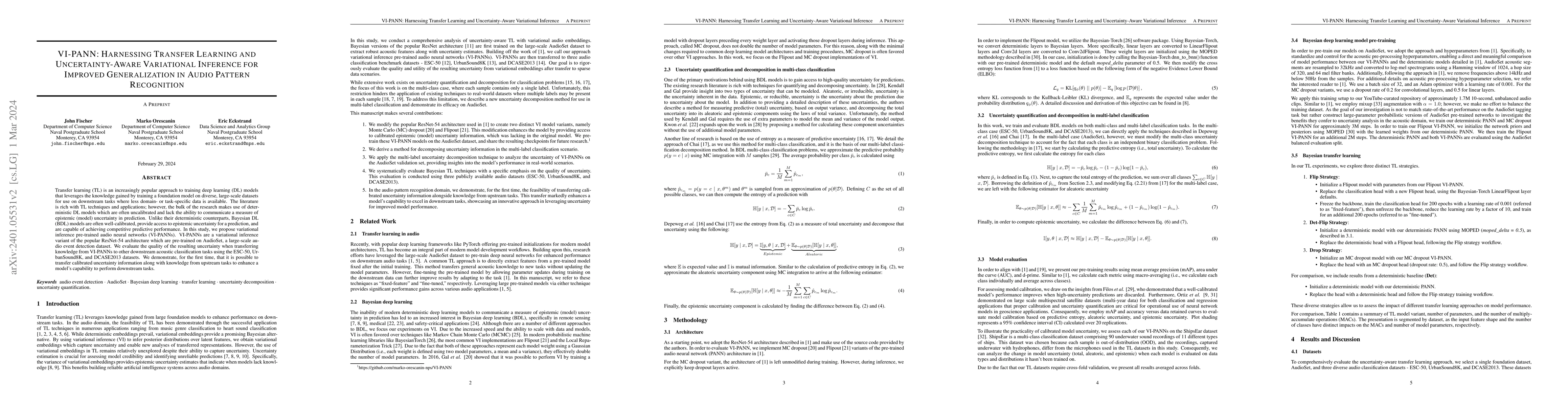 Thumbnail for VI-PANN: Harnessing Transfer Learning and Uncertainty-Aware Variational
  Inference for Improved Generalization in Audio Pattern Recognition