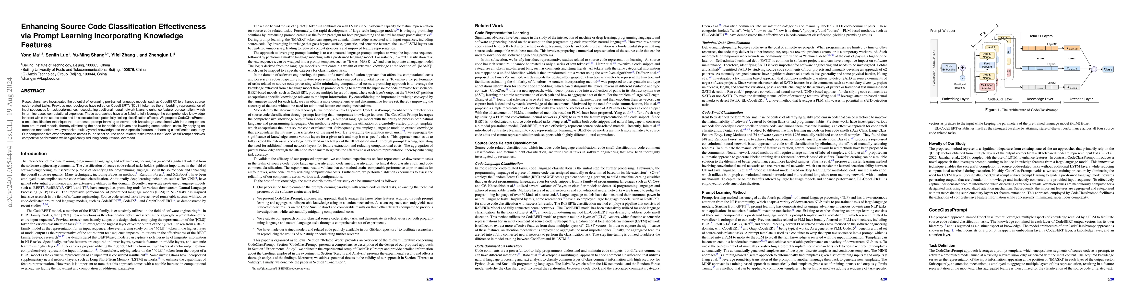 Thumbnail for Enhancing Source Code Classification Effectiveness via Prompt Learning
  Incorporating Knowledge Features