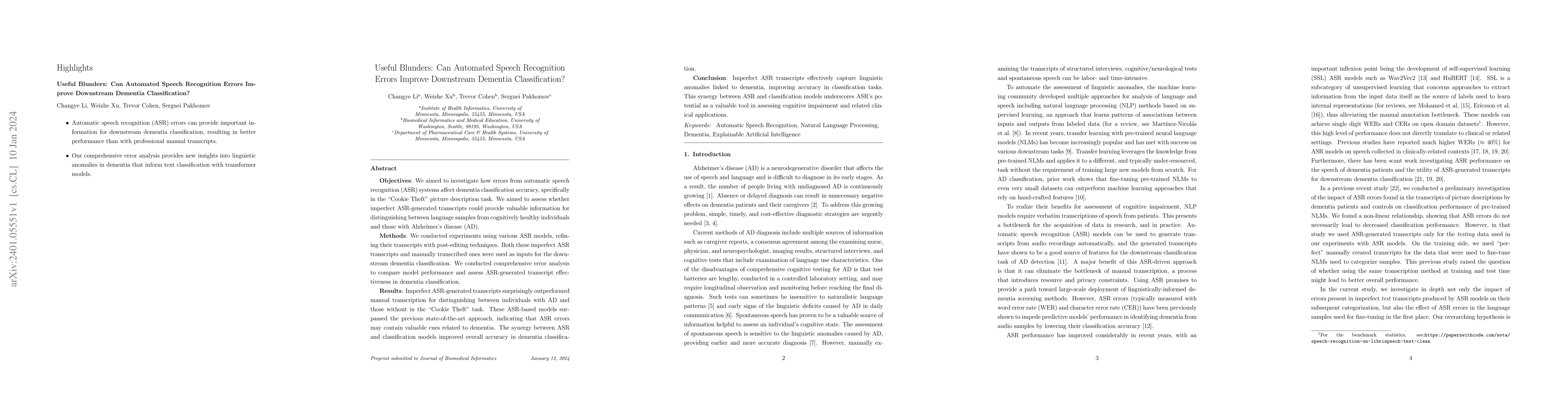 Thumbnail for Useful Blunders: Can Automated Speech Recognition Errors Improve
  Downstream Dementia Classification?