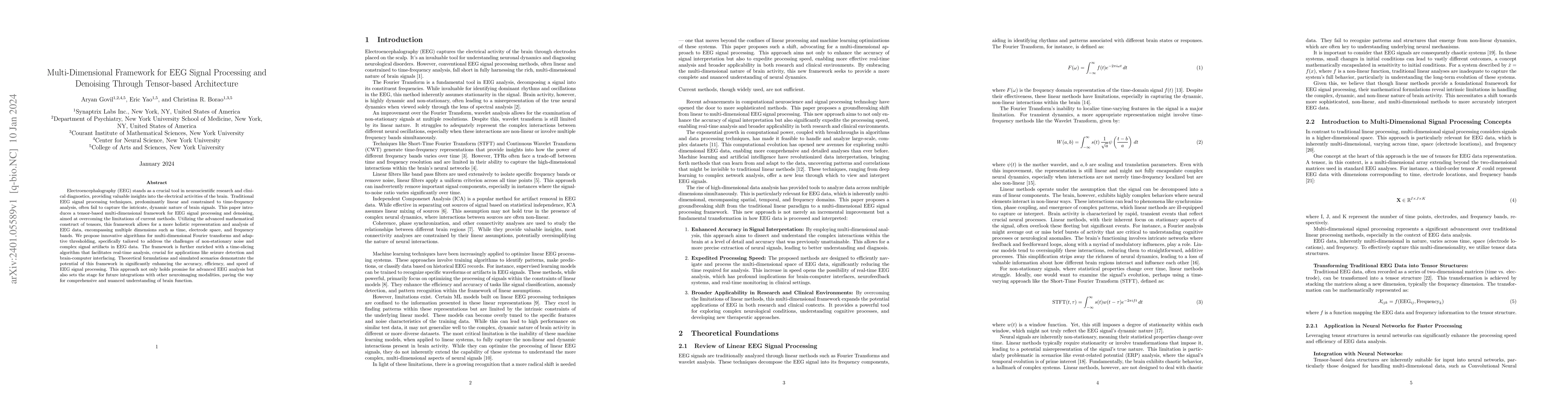 Thumbnail for Multi-Dimensional Framework for EEG Signal Processing and Denoising
  Through Tensor-based Architecture