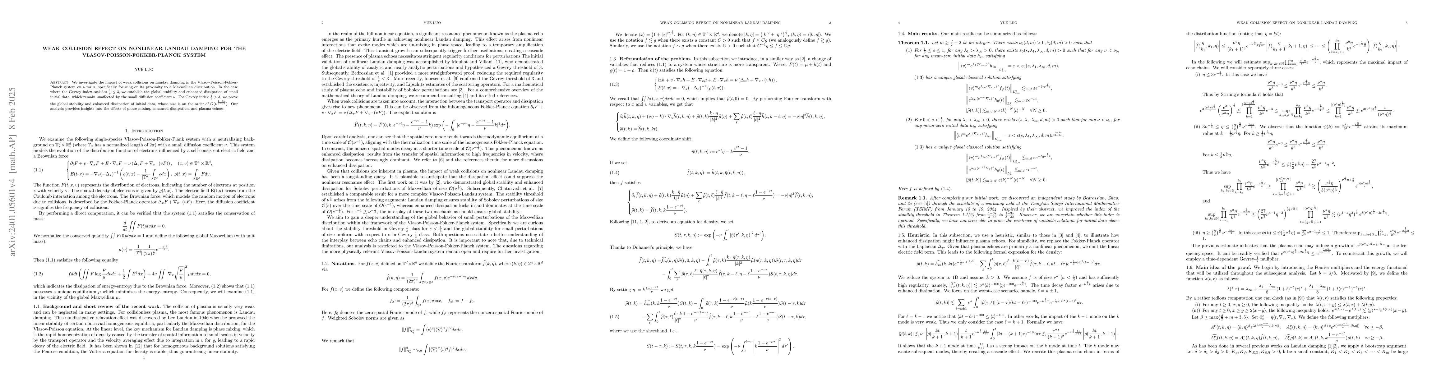 Thumbnail for Weak collision effect on nonlinear Landau damping for the
  Vlasov-Poisson-Fokker-Planck system