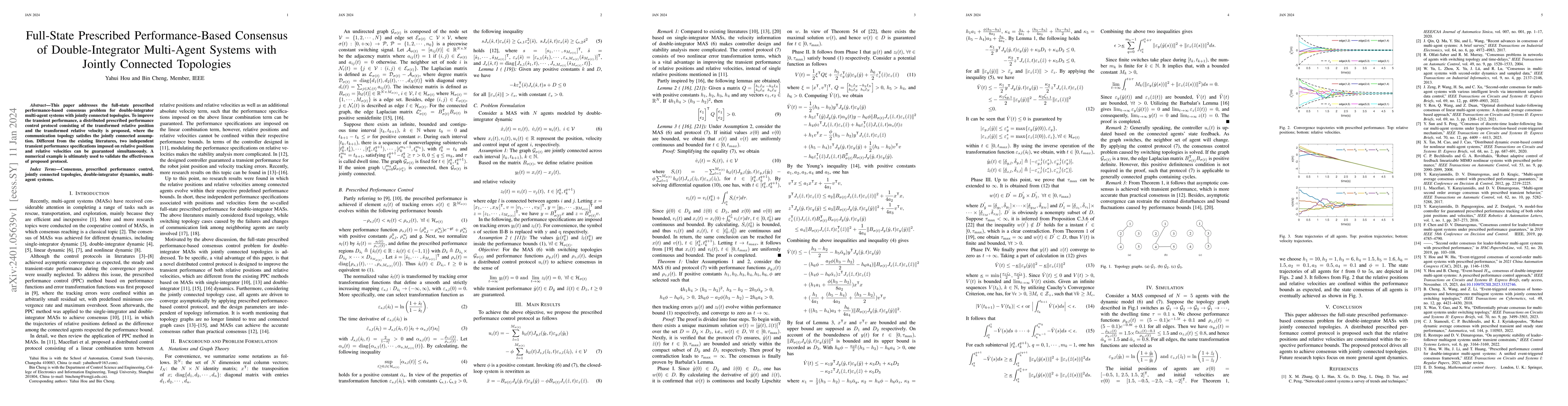 Thumbnail for Full-State Prescribed Performance-Based Consensus of Double-Integrator
  Multi-Agent Systems with Jointly Connected Topologies