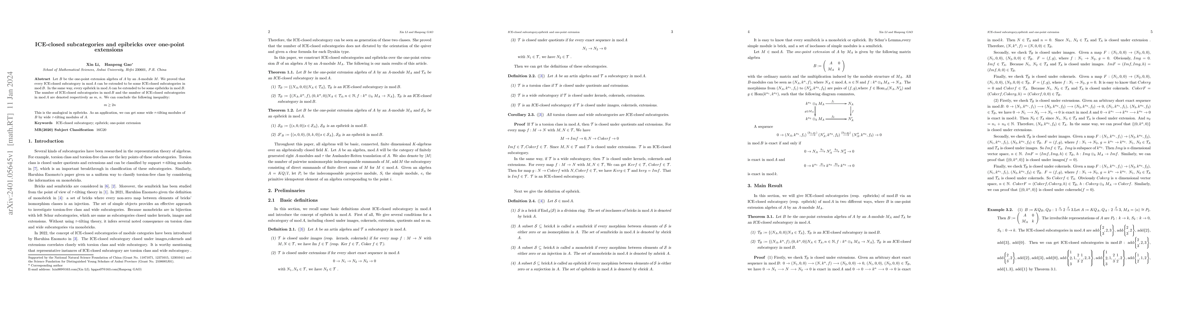 Thumbnail for ICE-closed subcategories and epibricks over one-point extensions
