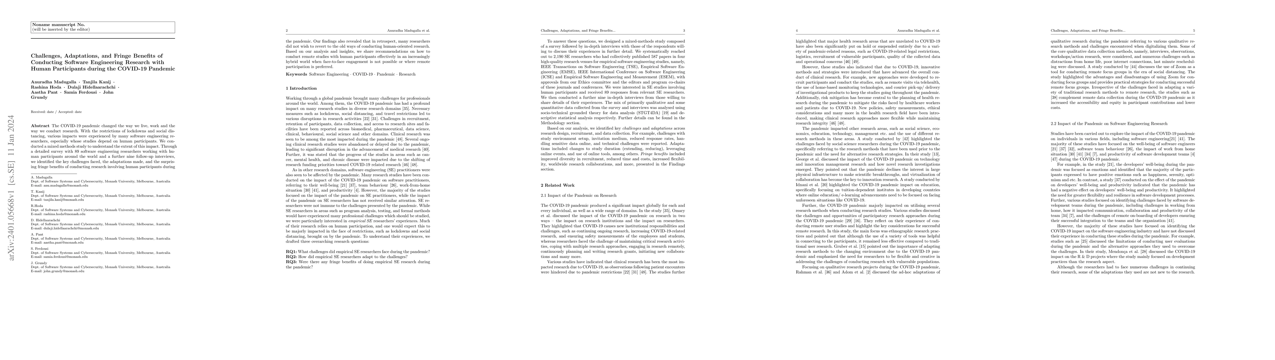 Thumbnail for Challenges, Adaptations, and Fringe Benefits of Conducting Software
  Engineering Research with Human Participants during the COVID-19 Pandemic