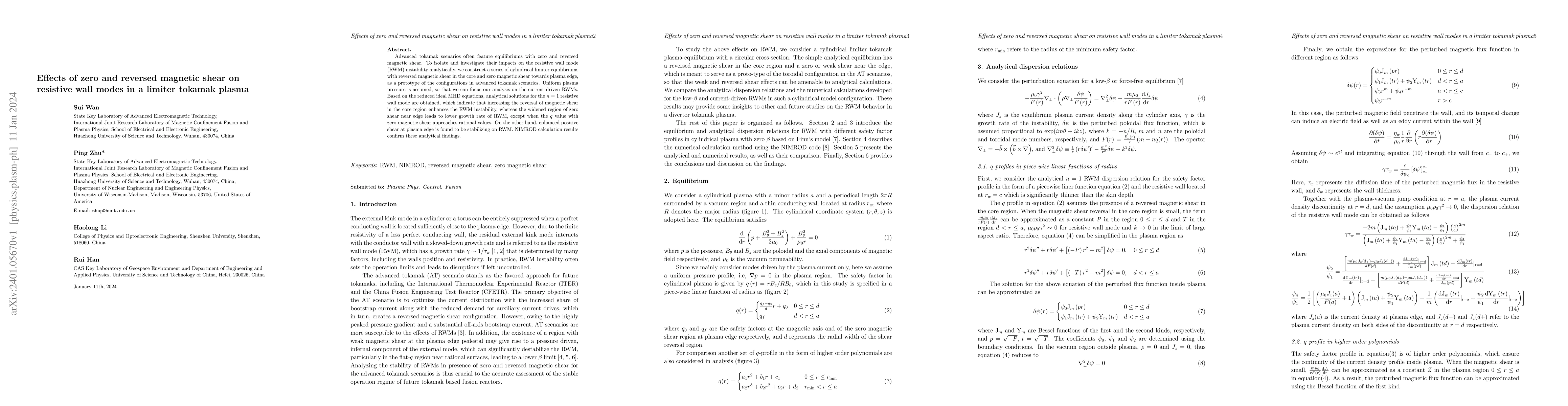 Thumbnail for Effects of zero and reversed magnetic shear on resistive wall modes in a
  limiter tokamak plasma