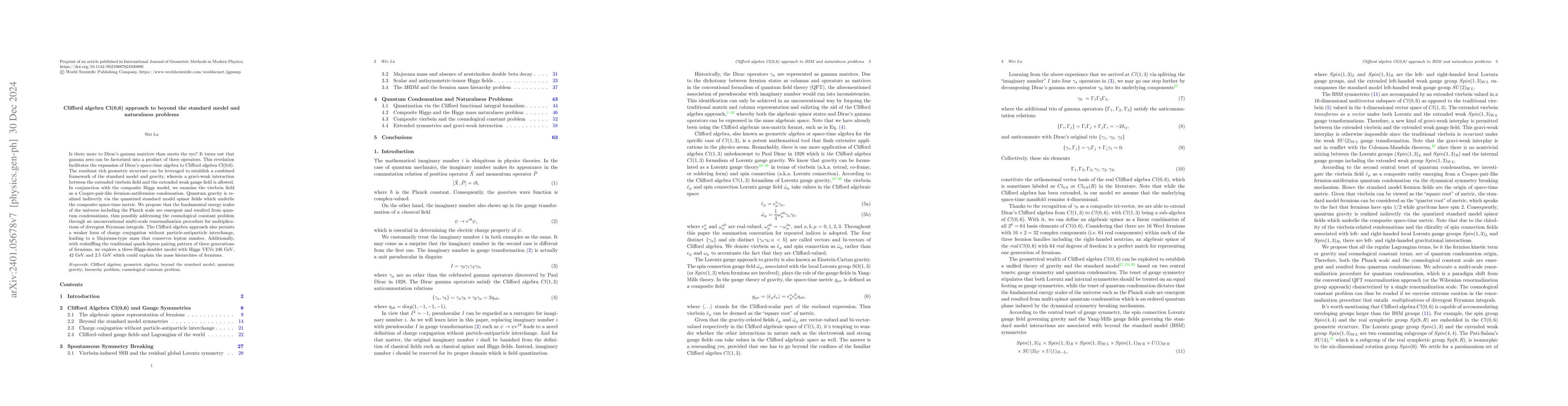 Thumbnail for Clifford algebra Cl(0,6) approach to beyond the standard model and
  naturalness problems