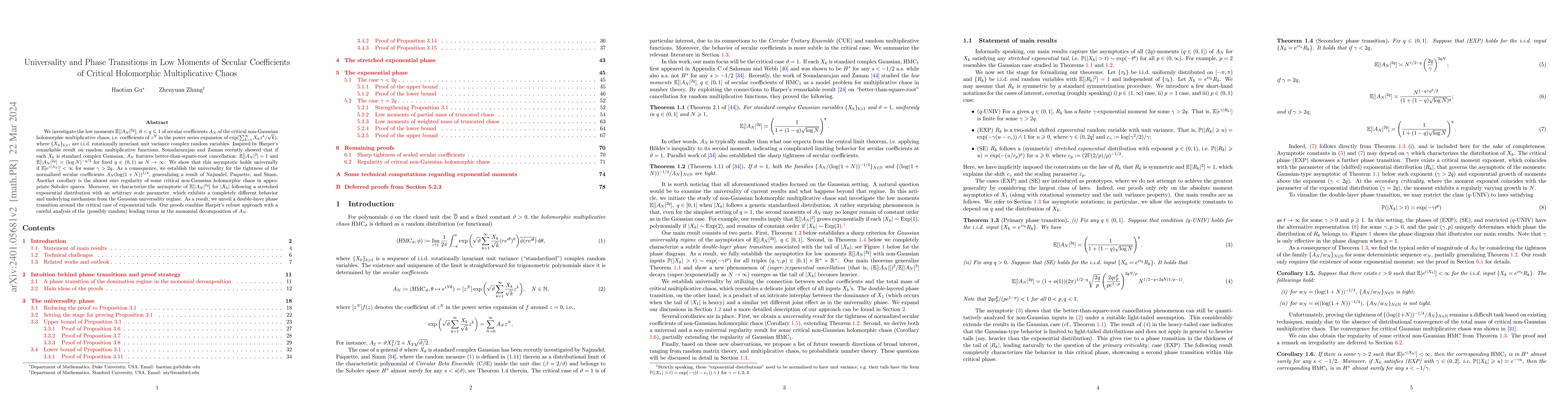 Thumbnail for Universality and Phase Transitions in Low Moments of Secular
  Coefficients of Critical Holomorphic Multiplicative Chaos