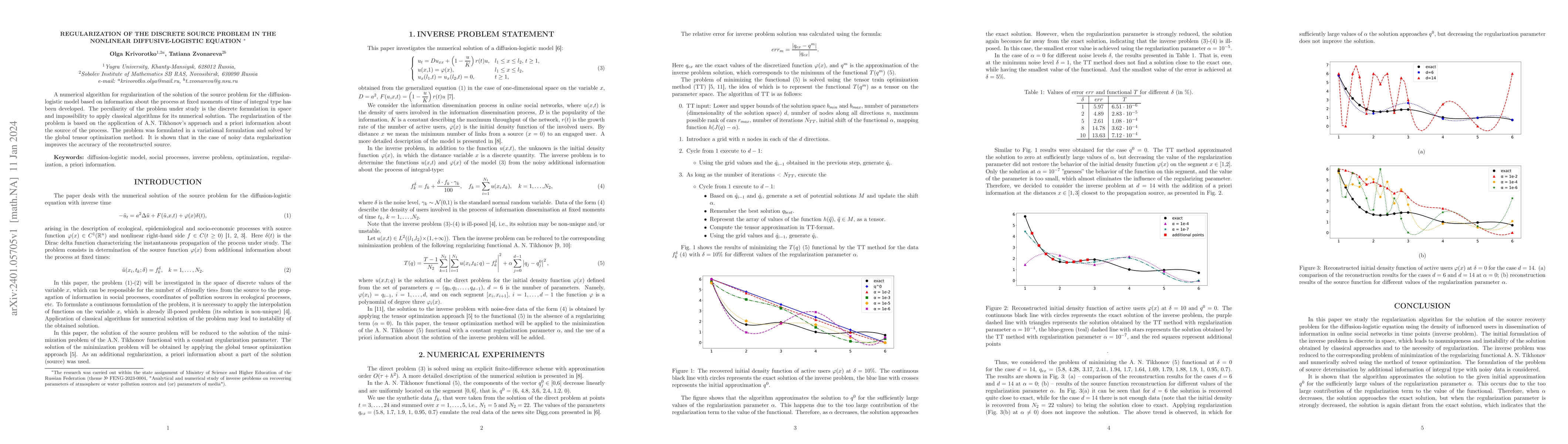 Thumbnail for Regularization of the discrete source problem in the nonlinear
  diffusive-logistic equation