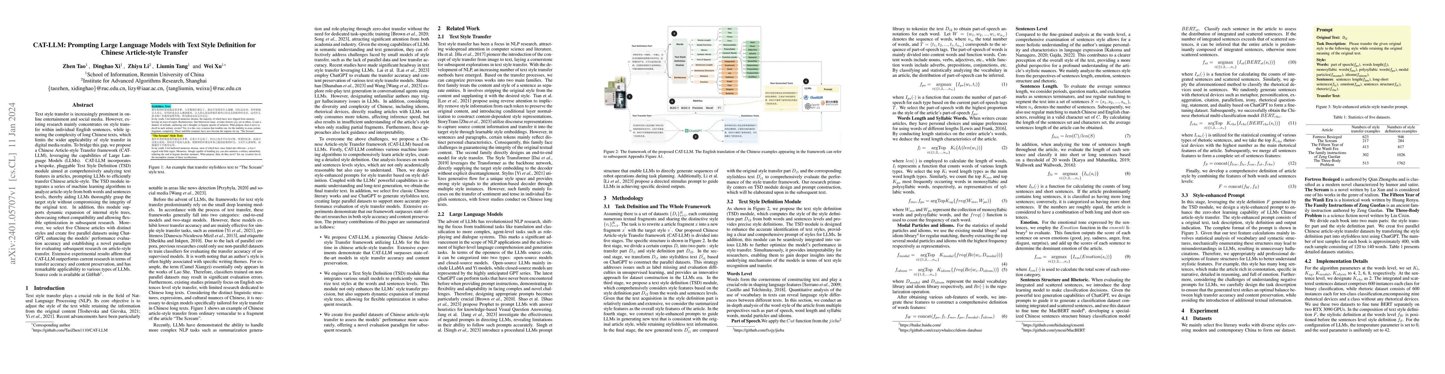 Thumbnail for CAT-LLM: Prompting Large Language Models with Text Style Definition for
  Chinese Article-style Transfer