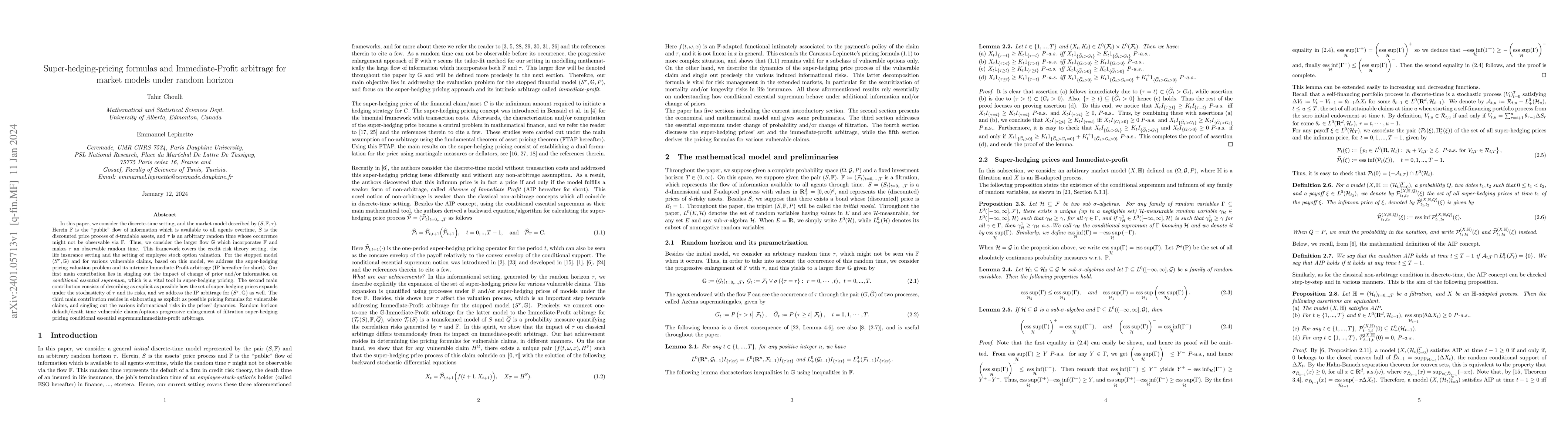 Thumbnail for Super-hedging-pricing formulas and Immediate-Profit arbitrage for market
  models under random horizon