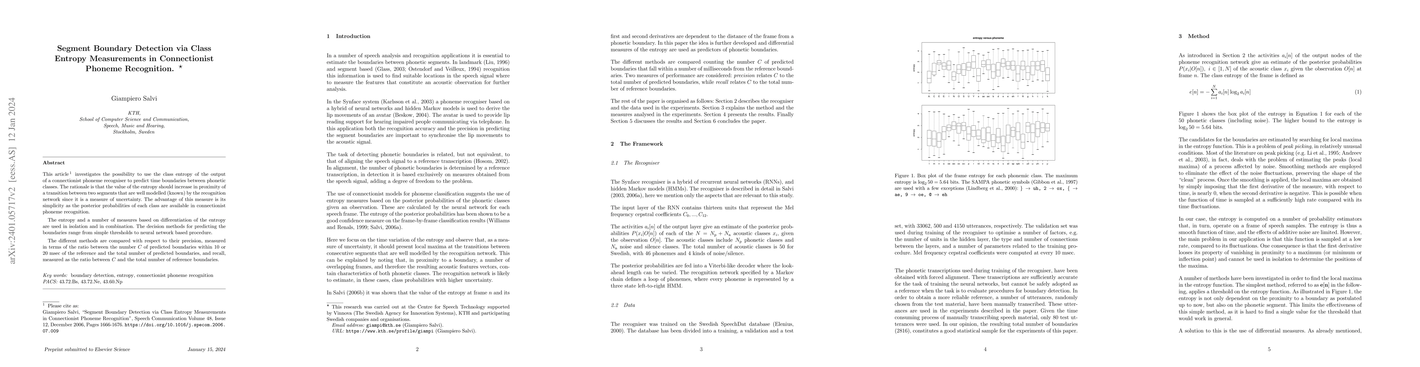 Thumbnail for Segment Boundary Detection via Class Entropy Measurements in
  Connectionist Phoneme Recognition