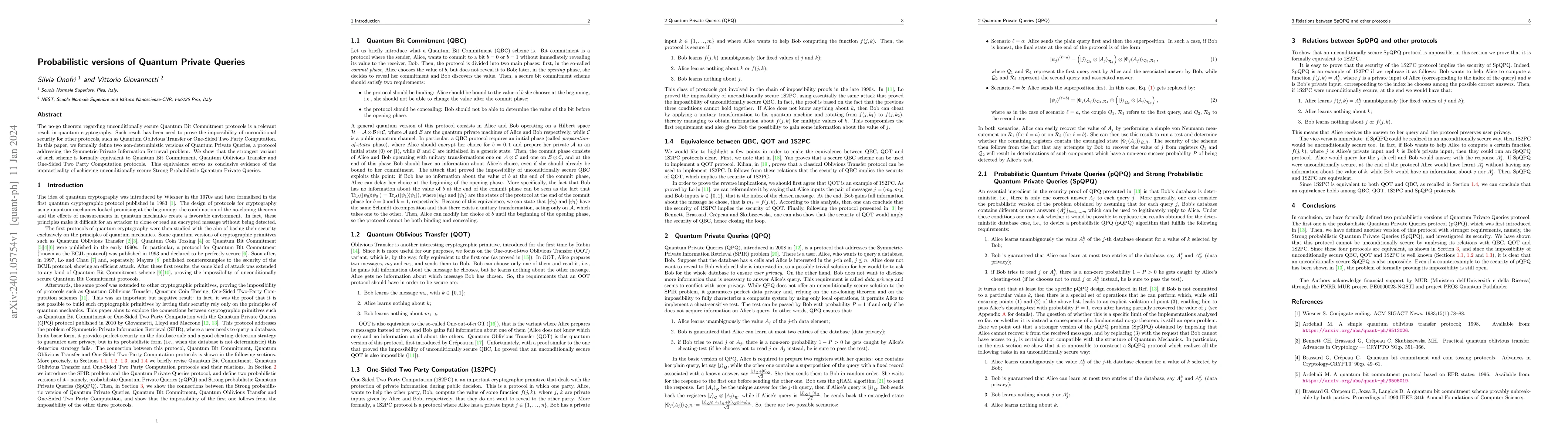 Thumbnail for Probabilistic versions of Quantum Private Queries
