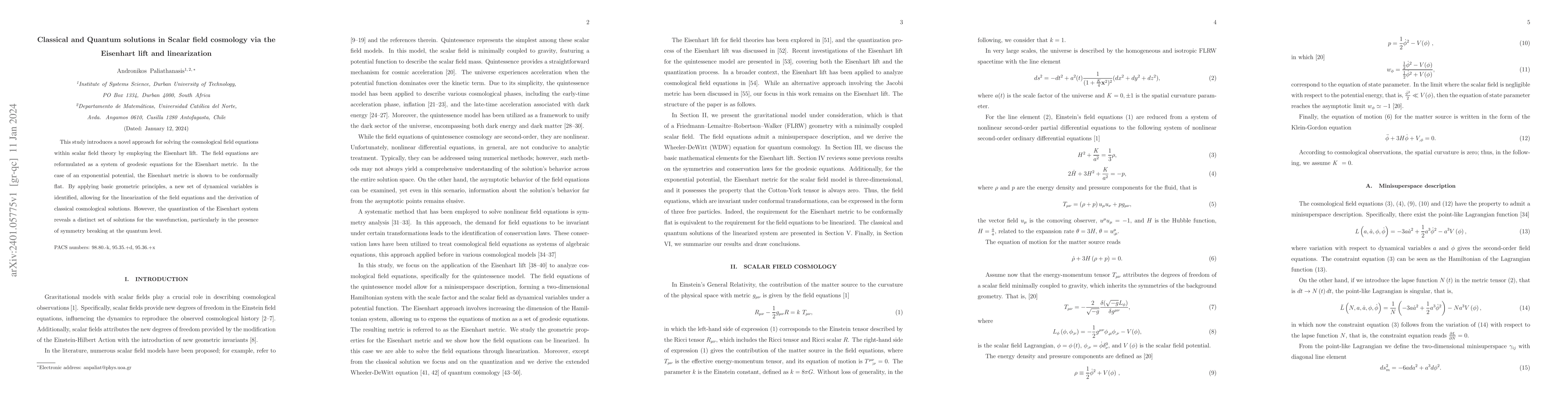 Thumbnail for Classical and Quantum solutions in Scalar field cosmology via the
  Eisenhart lift and linearization