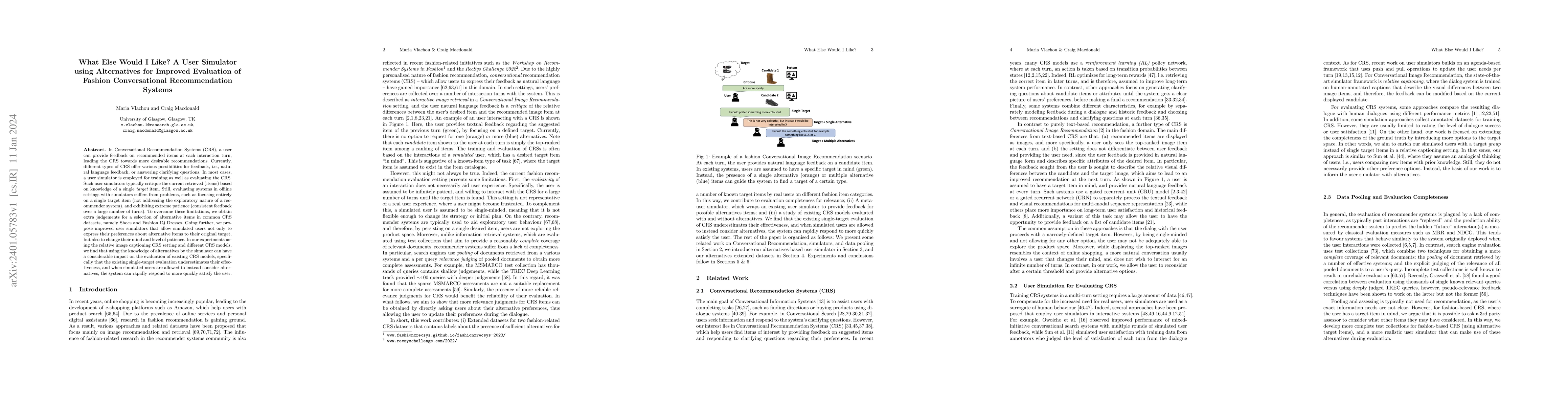 Thumbnail for What Else Would I Like? A User Simulator using Alternatives for Improved
  Evaluation of Fashion Conversational Recommendation Systems