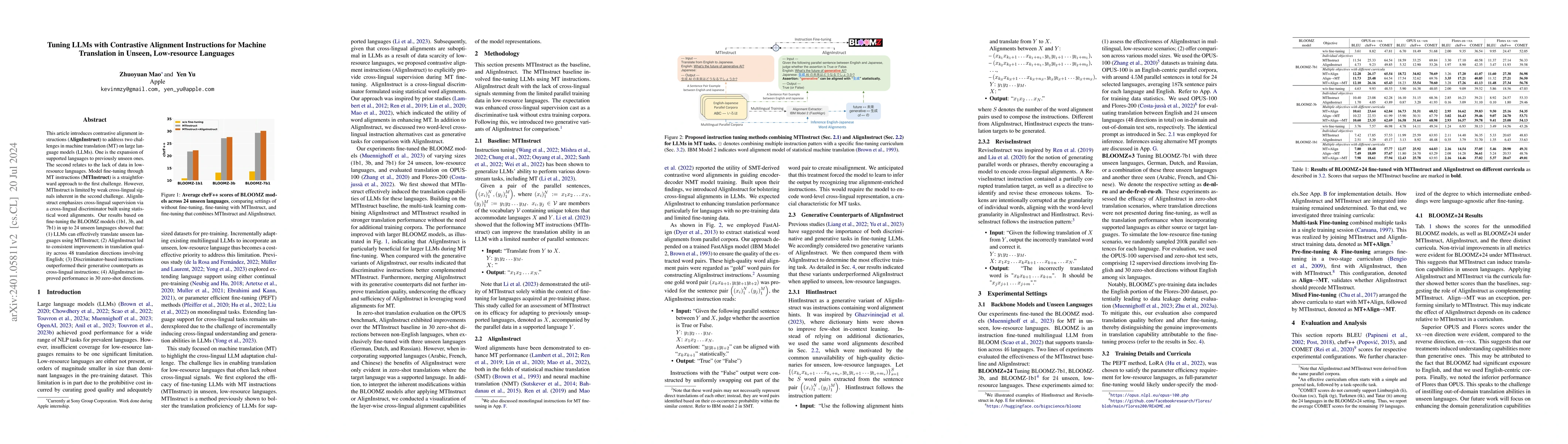 Thumbnail for Tuning LLMs with Contrastive Alignment Instructions for Machine
  Translation in Unseen, Low-resource Languages