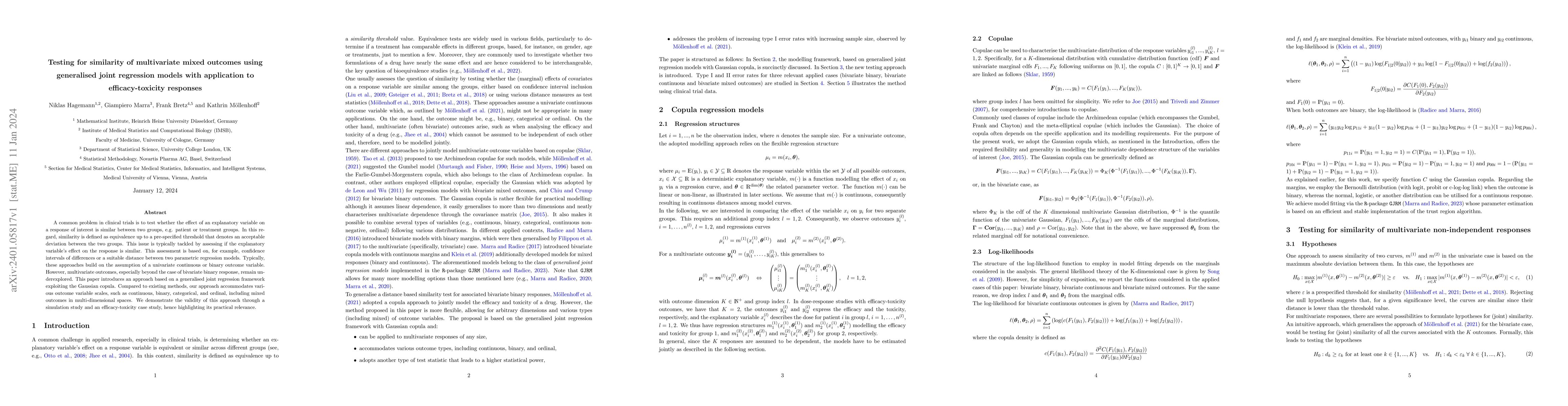 Thumbnail for Testing for similarity of multivariate mixed outcomes using generalised
  joint regression models with application to efficacy-toxicity responses