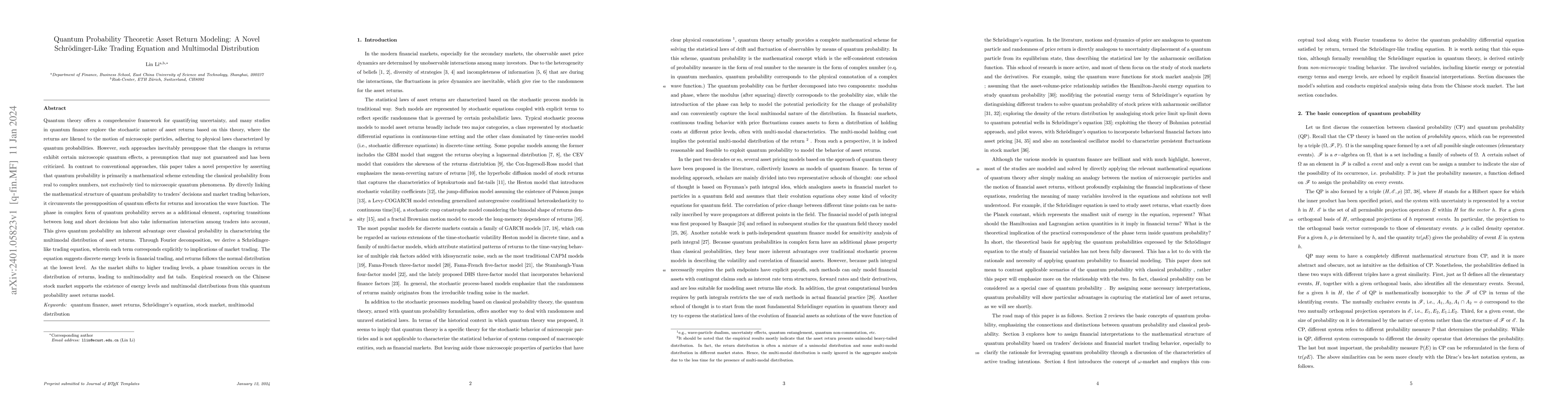 Thumbnail for Quantum Probability Theoretic Asset Return Modeling: A Novel
  Schr\"odinger-Like Trading Equation and Multimodal Distribution