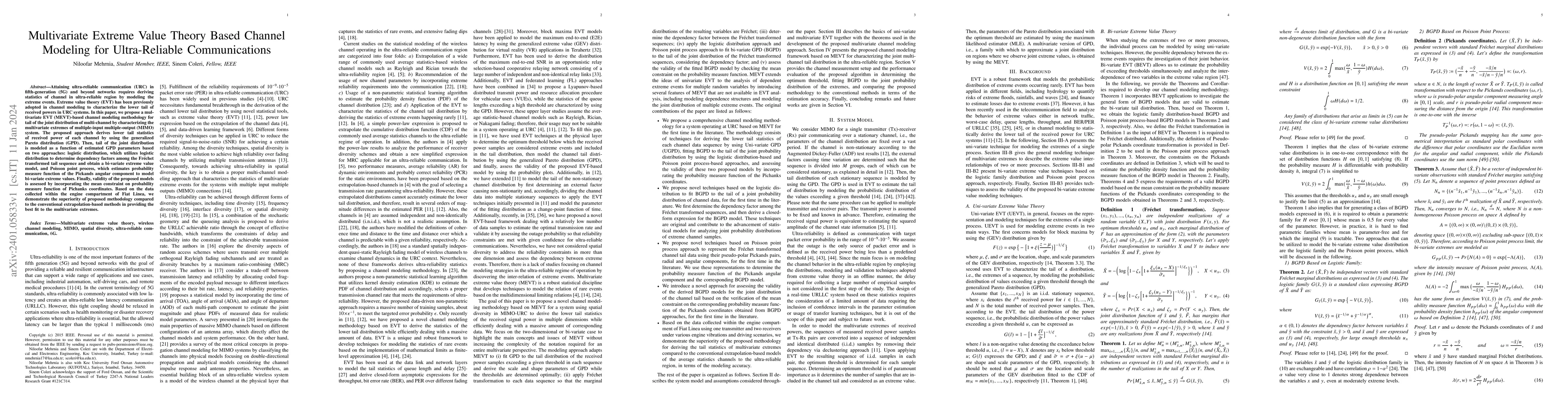 Thumbnail for Multivariate Extreme Value Theory Based Channel Modeling for
  Ultra-Reliable Communications