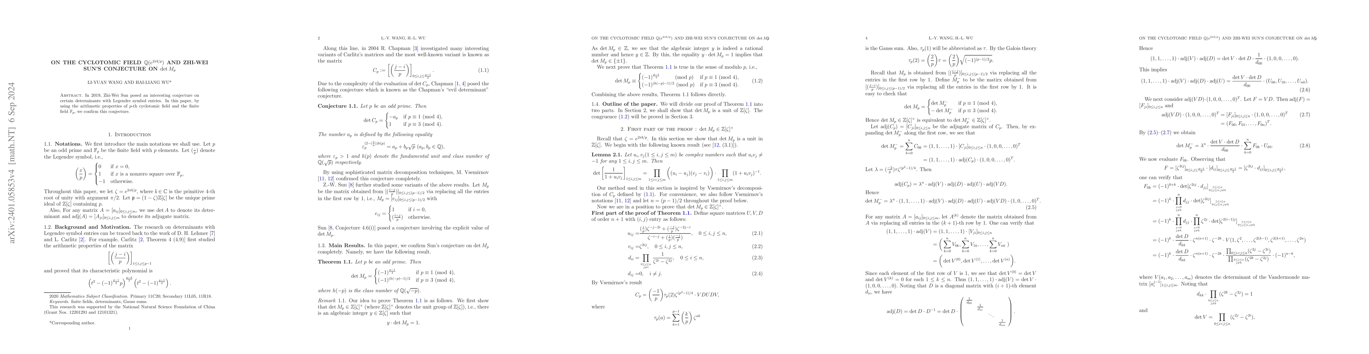 Thumbnail for On $p$-th cyclotomic field and Zhi-Wei Sun's Legendre determinants over
  $\mathbb{F}_p$