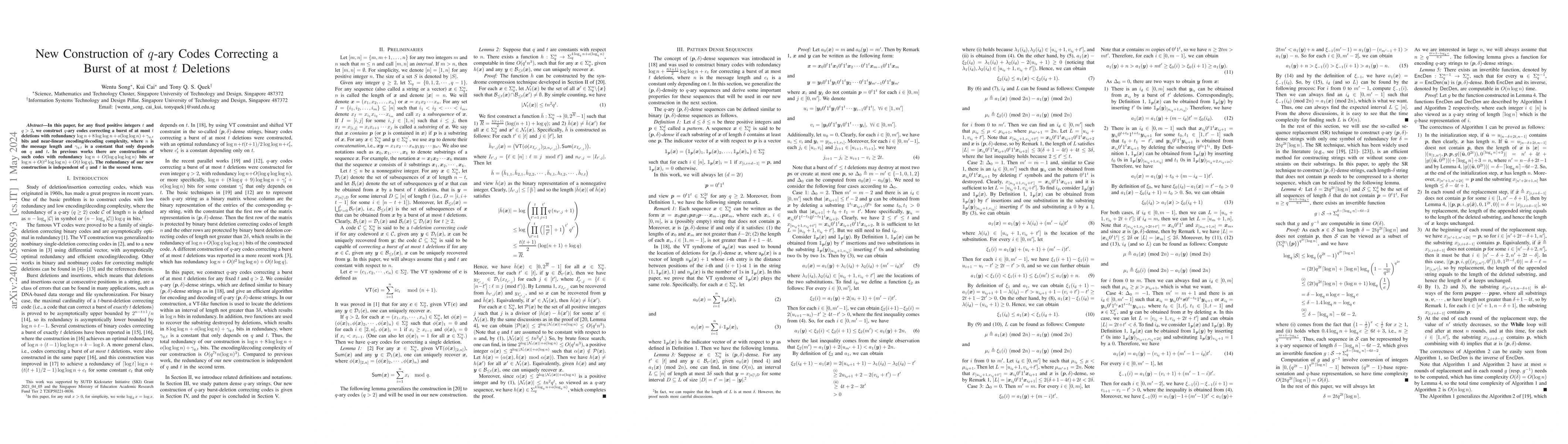 Thumbnail for New Construction of $q$-ary Codes Correcting a Burst of at most $t$
  Deletions