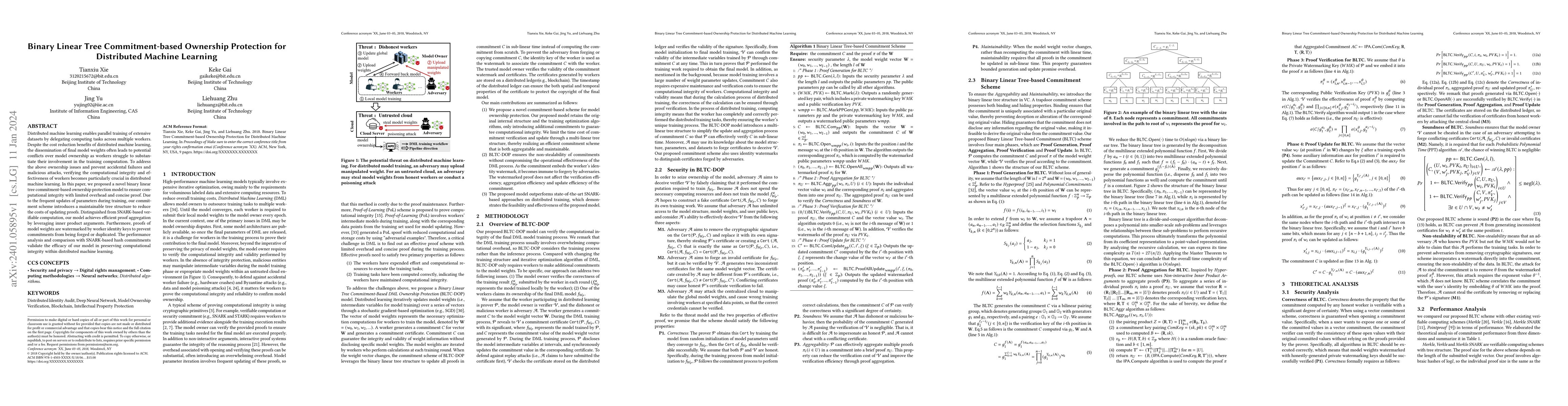 Thumbnail for Binary Linear Tree Commitment-based Ownership Protection for Distributed
  Machine Learning