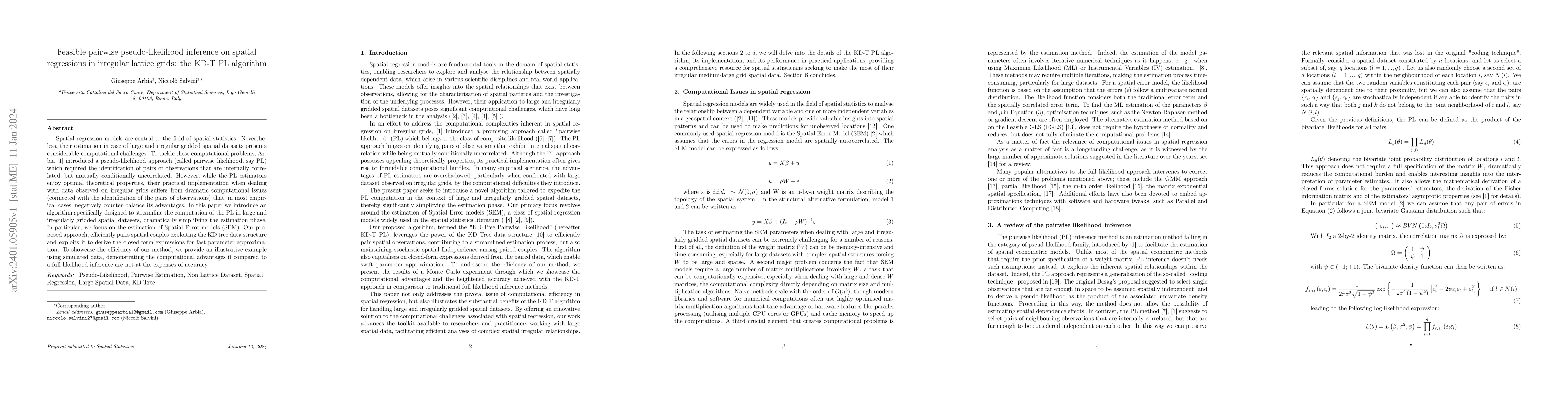Thumbnail for Feasible pairwise pseudo-likelihood inference on spatial regressions in
  irregular lattice grids: the KD-T PL algorithm