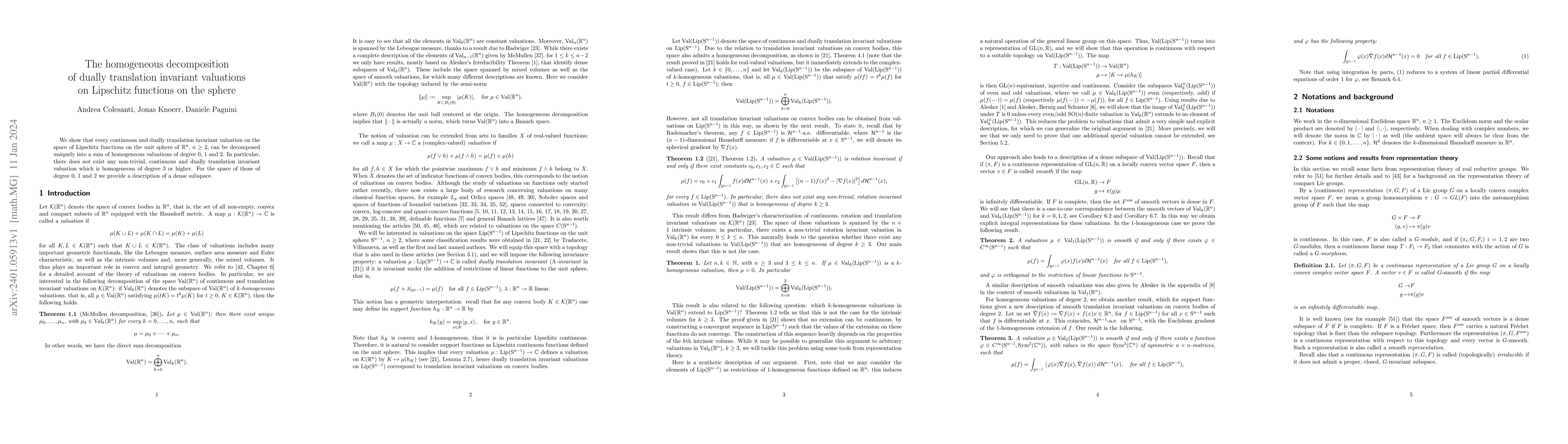 Thumbnail for The homogeneous decomposition of dually translation invariant valuations
  on Lipschitz functions on the sphere