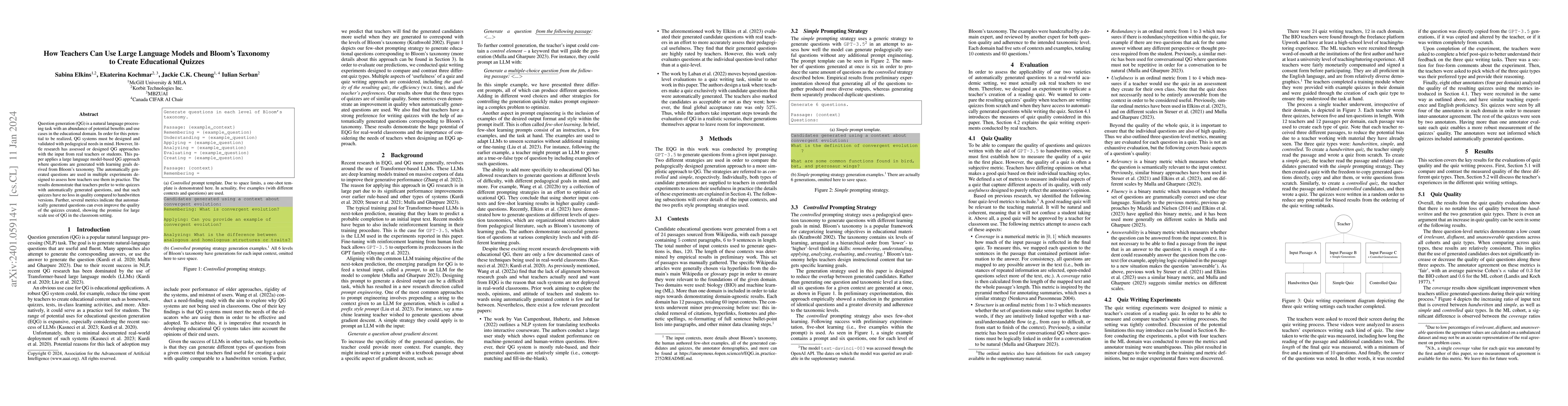 Thumbnail for How Teachers Can Use Large Language Models and Bloom's Taxonomy to
  Create Educational Quizzes