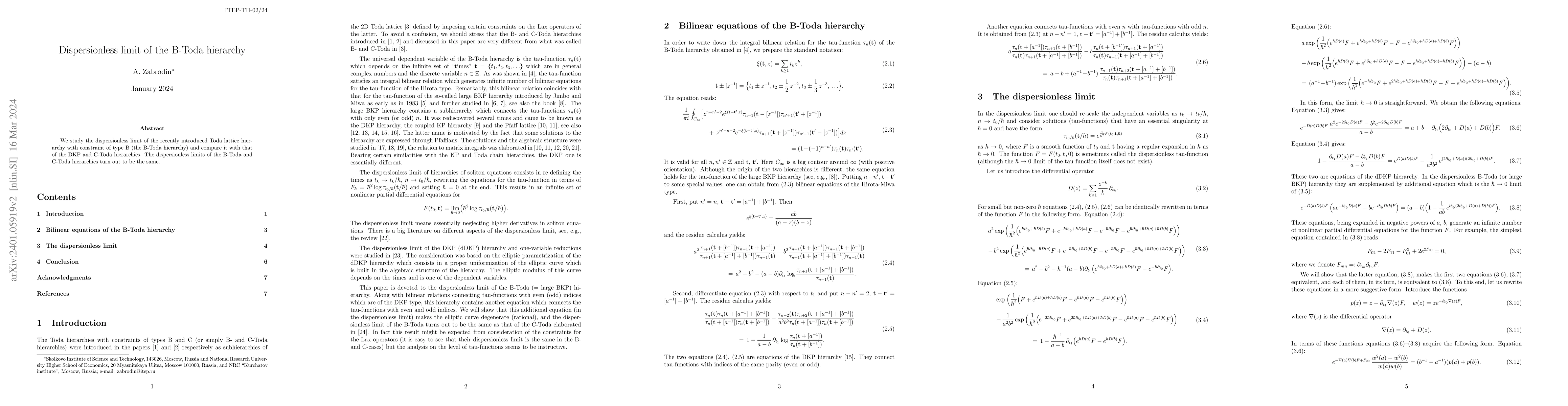 Thumbnail for Dispersionless limit of the B-Toda hierarchy