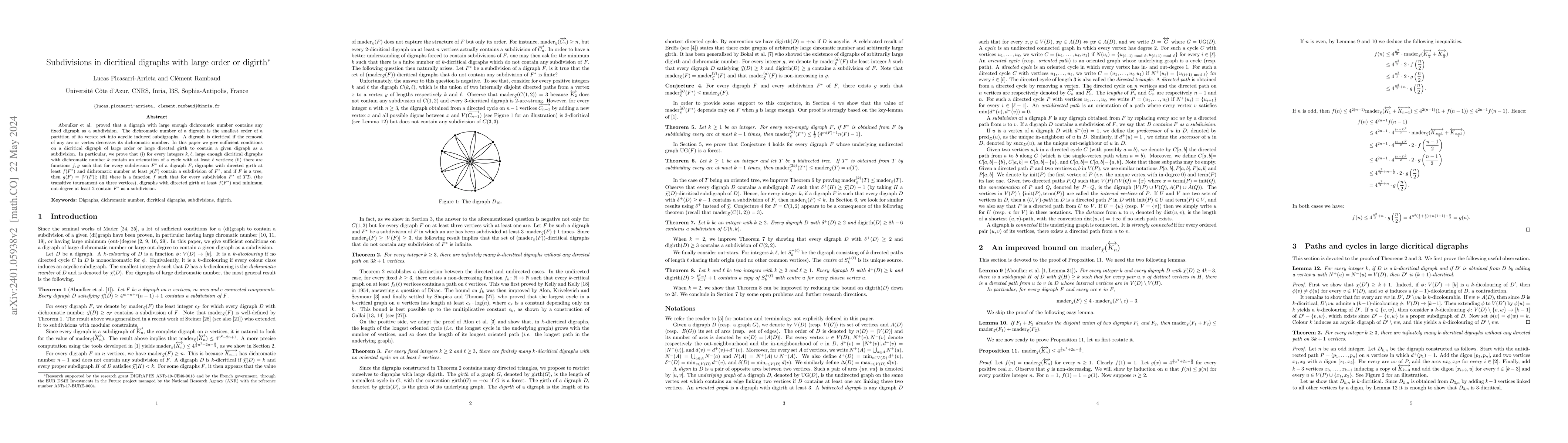 Thumbnail for Subdivisions in dicritical digraphs with large order or digirth